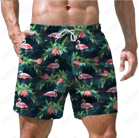 short de bain homme hawaien flamant rose tropical