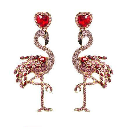 boucles d'oreilles pendantes flamant rose luxe cristaux