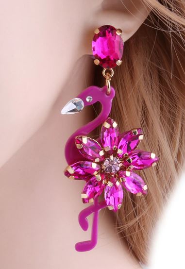 boucles d'oreilles brillantes rose avec flamant rose