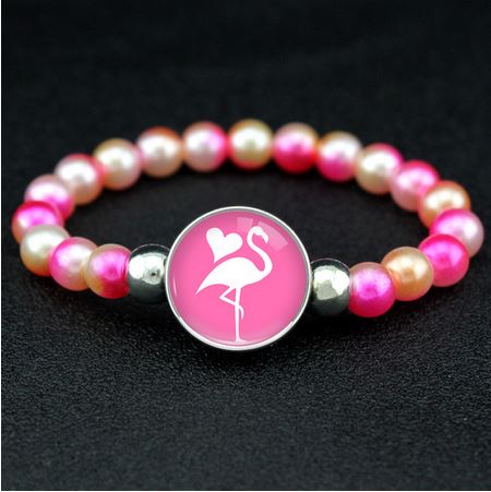 bracelet medaillon flamant rose perle