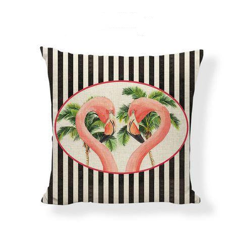 coussin raye noir et blanc avec flamant rose amoureux et palmier