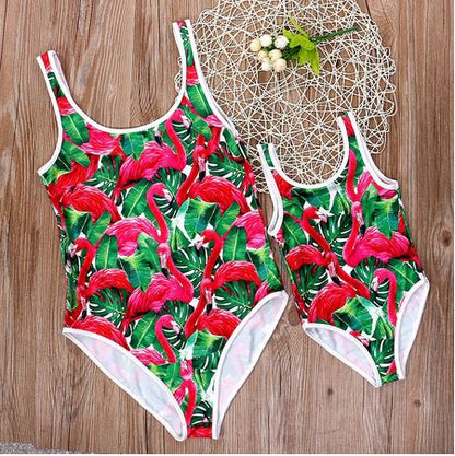 maillots 1 pieces flamant rose tropical assorti femme fille
