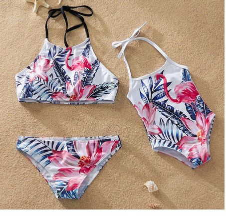 maillots femme et fille flamant rose assortis