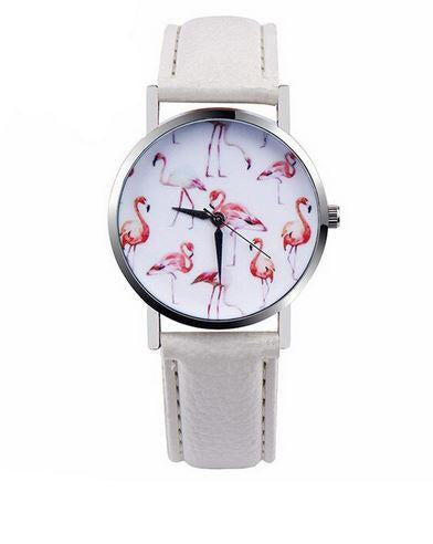 montre avec bracelet en simili cuir blanc flamant rose