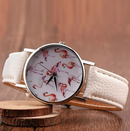 belle montre cuir blanc avec flamant rose