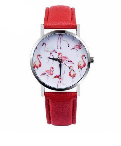 montre flamant rose cuir rouge 