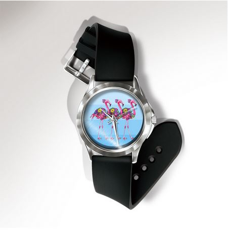 montre avec bracelet silicone noir flamant rose