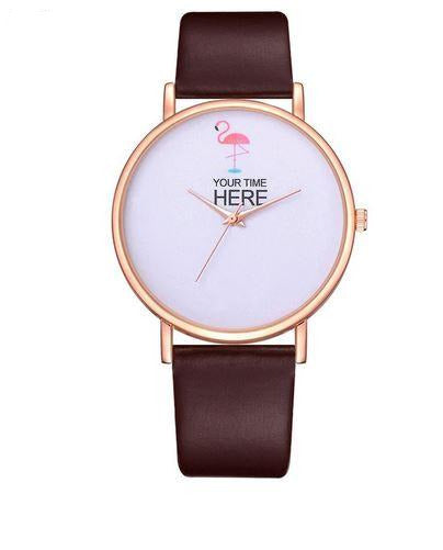 montre en cuir marron flamant rose