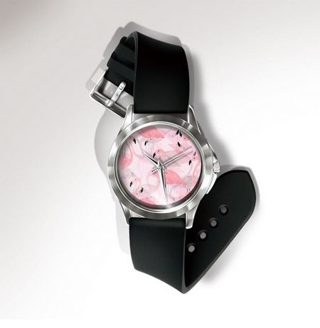montre avec bracelet noir et flamant rose tendance
