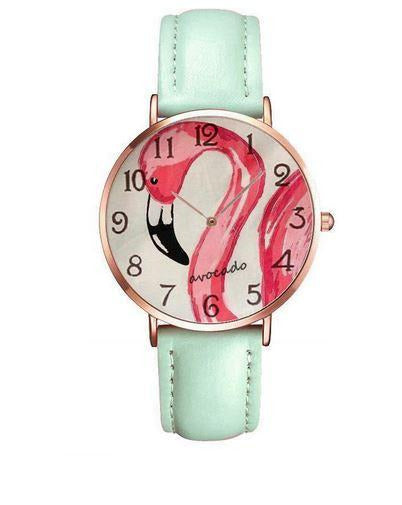 montre flamant rose bracelet cuir vert d'eau