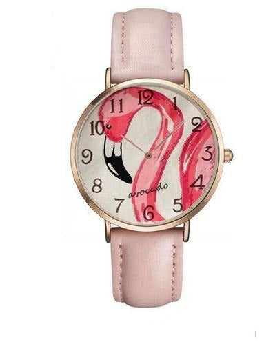 montre rose bracelet cuir avec flamant rose cadran