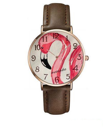 montre bracelet cuir marron flamant rose