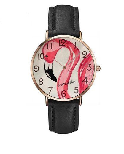 montre bracelet cuir noir avec flamant rose sur le cadran