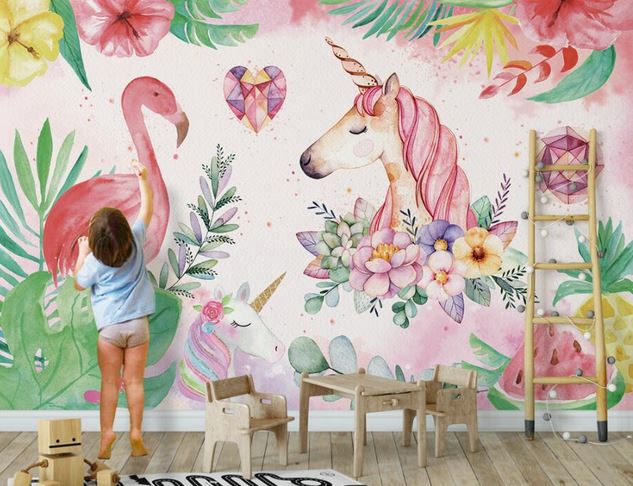 papier peint motif flamant rose licorne chambre 