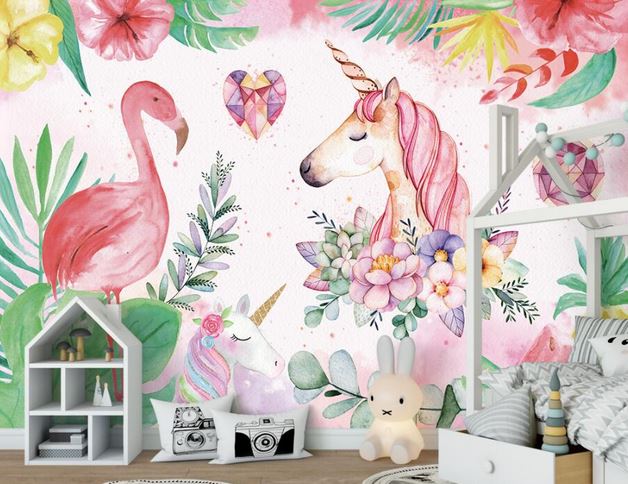 papier peint motif flamant rose et licorne