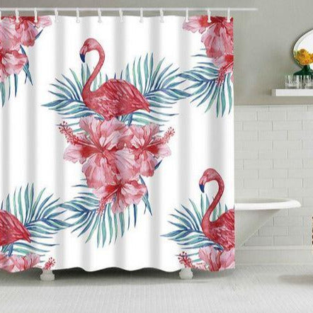 rideau de douche flamant rose avec fleurs