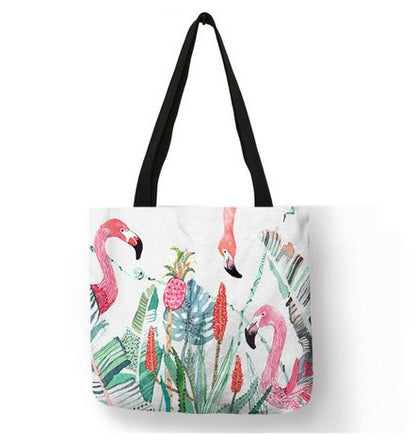 sac flamant rose en lin écologique imprimé tropical
