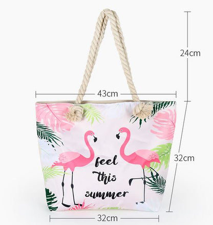 grand sac toile cabas pour la plage zip flamant rose