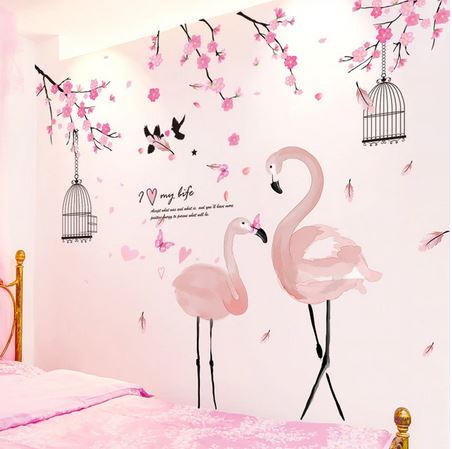 stickers mural avec cage a oiseau et flamant rose