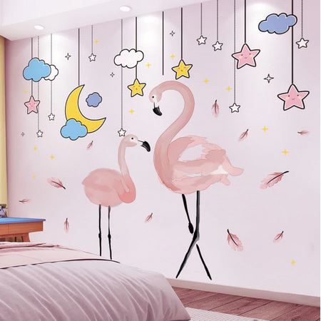 stickers muraux flamant rose avec des etoiles et des nuages lune