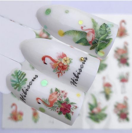 stickers flamant rose pour ongles avec fleurs hibiscus