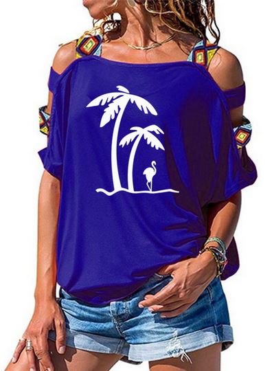 t-shirt flamant rose original bleu et blanc palmier épaules nues