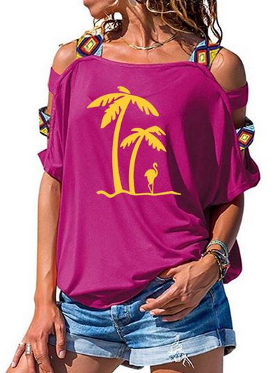 t-shirt femme flamant rose en jaune palmier boheme ethnique tendance