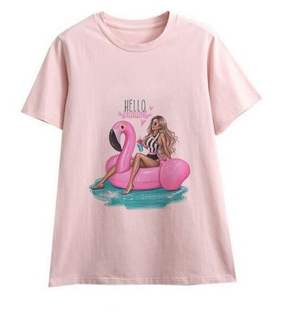 t-shirt flamant rose pour femme fille avec bouee gonflable piscine plage