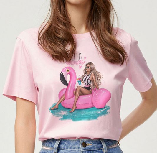 t-shirt pour femme avec flamant rose en bouée