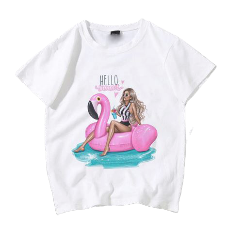t-shirt blanc avec motif flamant rose  pour fille et femme tendance pour vacances été