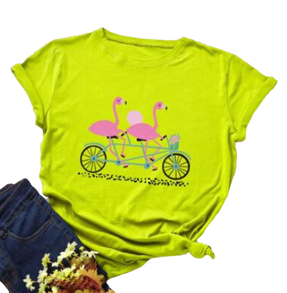 t-shirt avec motif imprimé flamant rose jaune vert pistache mode