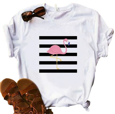 t-shirt avec motif flaamnt rose et rayures noir blanc tendance bobo