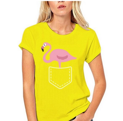 t-shirt avec flamant rose jaune poche femme soleil ete