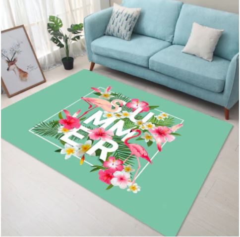 tapis flamant rose tropical fleuri vert